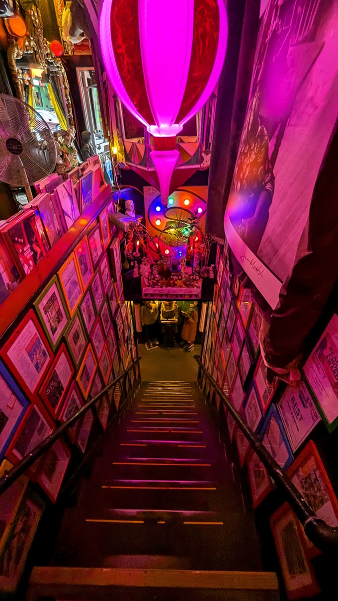 Descent into wonderland. This staircase isn't just a path—it's a portal to a neon-lit world of nostalgia and whimsy.