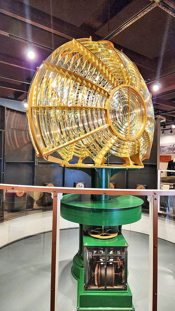 Behold, the lighthouse's crown jewel! This Fresnel lens could spot a ship faster than my aunt Mildred spots a sale at Macy's.