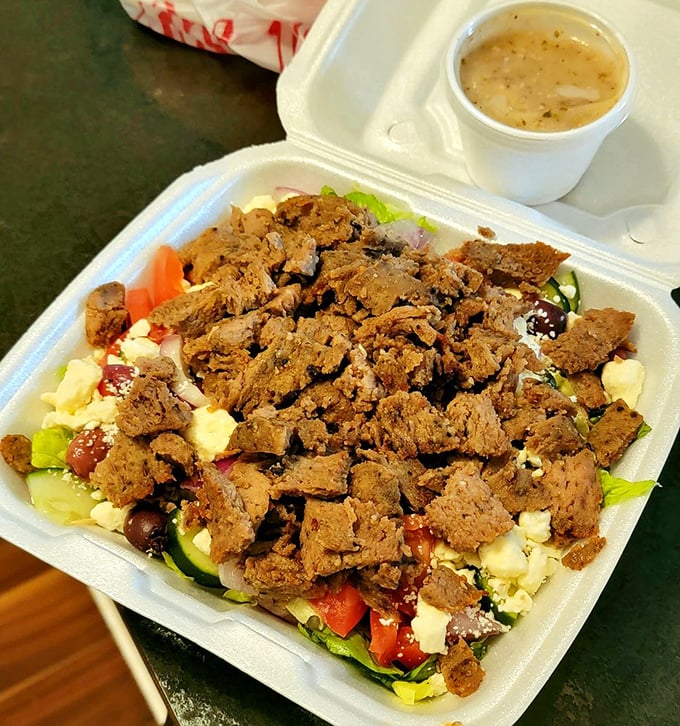 Who says you can't be healthy at a chili parlor? This Greek salad proves you can have your greens and eat gyro too!