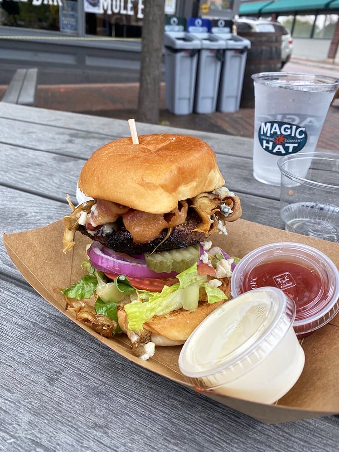 The Mule Burger: a tower of deliciousness that'll have you planning your next visit before you've finished the first bite.