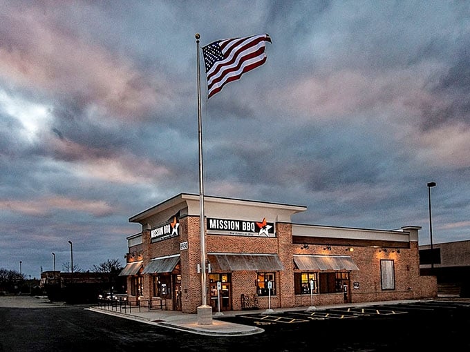 Brick, corrugated metal, and an American flag – it's like the Declaration of Independence for your taste buds! Photo credit: MISSION BBQ