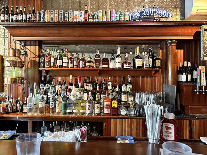 A well-stocked bar gleams with promise, while 