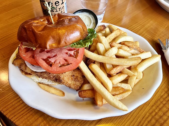 Another angle on perfection: the famous haddock sandwich shows off its generous proportions and golden-brown crust.