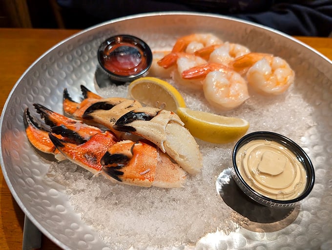 Fresh-caught seafood on ice: stone crab claws and jumbo shrimp waiting for their moment to shine.