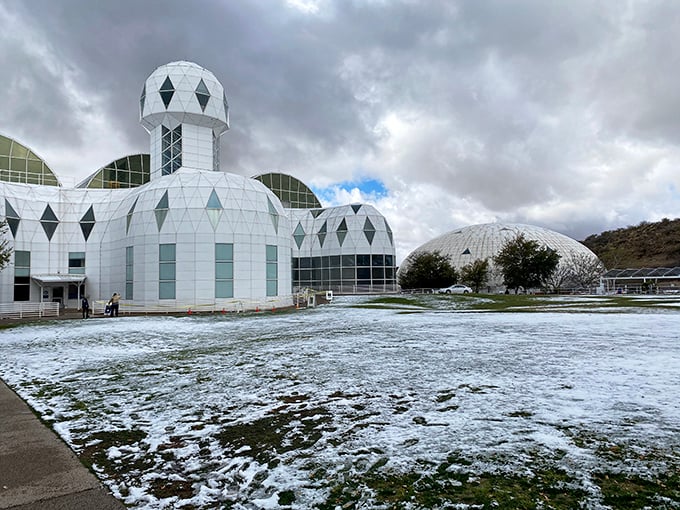 Mother Nature's snow globe? Nope, just Biosphere 2 getting a taste of winter. Even artificial ecosystems can't escape Arizona's weather surprises!