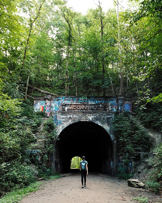 Nature's eerie embrace: Lush greenery frames this haunting passage, where whispers of the past echo through time.