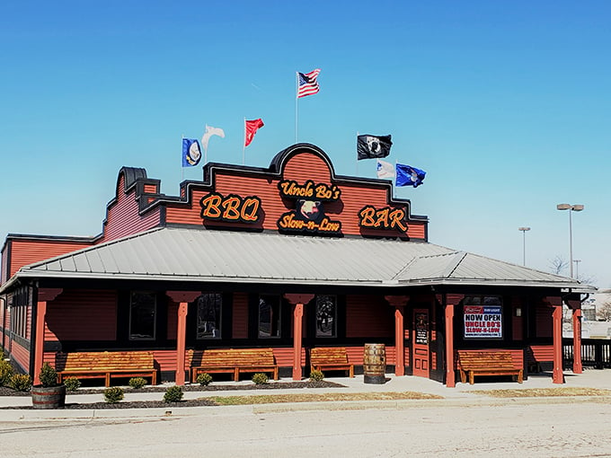 Welcome to BBQ paradise! Uncle Bo's neon-lit facade is like a beacon for meat lovers, promising smoky delights inside.