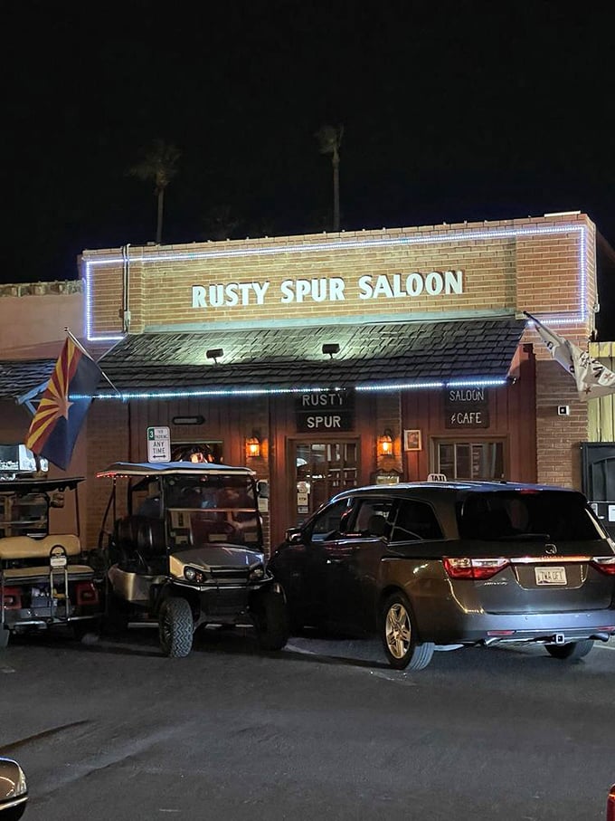 Where the Old West meets modern nights: The Rusty Spur Saloon glows with history and hospitality under the Arizona stars.