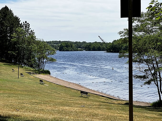 Tranquil lakeside retreat: Where benches await nature lovers and water meets wilderness.