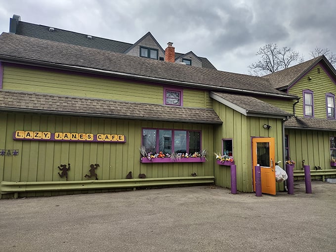 A lime green oasis of quirkiness! Lazy Jane's exterior is like a storybook come to life, complete with flamingos and farm animals.