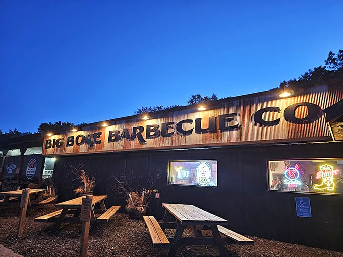 Neon dreams and smoky schemes! Big Bore Barbecue's exterior promises a flavor-packed adventure that'll make your taste buds do a happy dance.