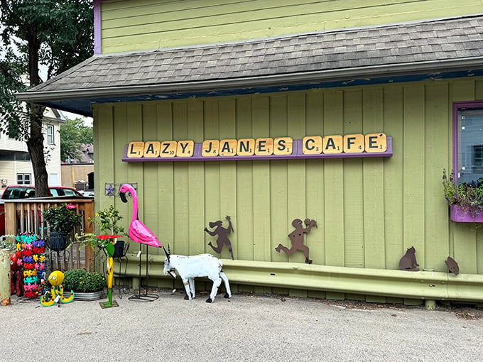 A lime green oasis of quirkiness! Lazy Jane's exterior is like a storybook come to life, complete with flamingos and farm animals.