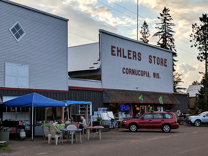 Step back in time! Ehlers Store stands proud against the Wisconsin sky, a beacon of small-town charm that's been serving up smiles since 1915.