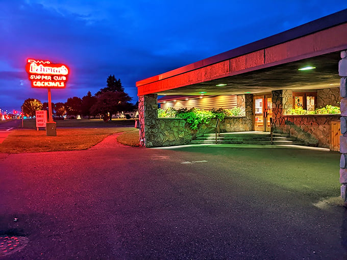 Neon nostalgia: Lehman's Supper Club glows invitingly against the twilight sky, a timeless beacon of Midwestern hospitality and hearty cuisine.