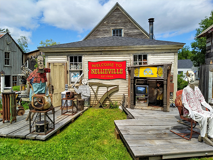 Welcome to Nellieville: Where whimsy meets woodwork! This folksy facade is like stepping into a Tim Burton fever dream, Maine-style.