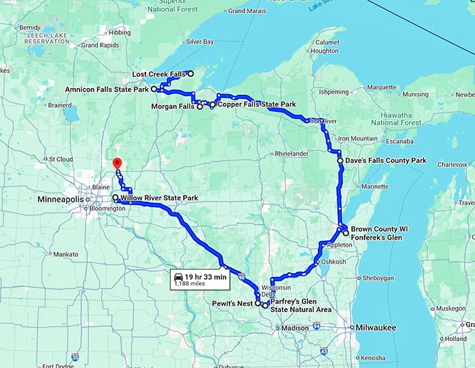 wisconsin hiking trails waterfalls map