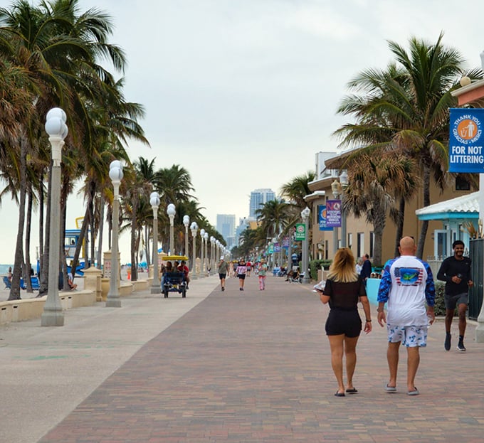 Palm trees, people, and promise: Hollywood Beach Broadwalk stretches out like a sun-soaked red carpet, inviting you to strut your stuff or leisurely stroll.