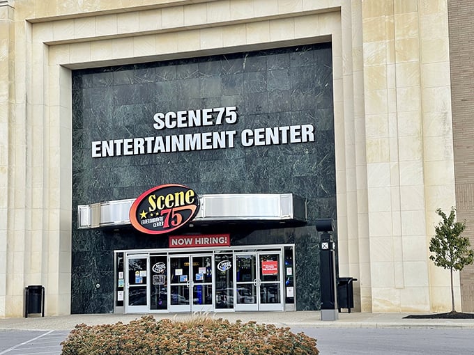 Welcome to the mothership of fun! Scene75's exterior promises a universe of entertainment that'll make you forget you're in Columbus, Ohio.