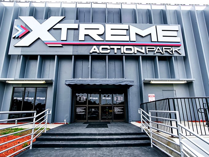 Welcome to the mothership of fun! Xtreme Action Park's exterior promises a world of excitement behind those industrial-chic doors.