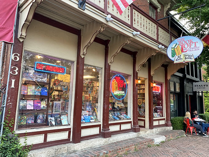 A bookworm's paradise awaits! The Book Loft's charming exterior beckons with its red awning and promise of literary treasures within.