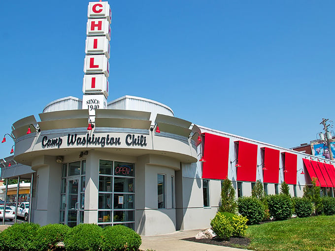 Behold the beacon of chili salvation! Camp Washington's iconic sign stands tall, promising comfort food that's been warming Cincinnati hearts since 1940.