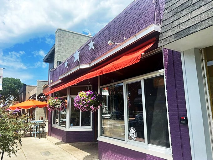 Purple reign! This vibrant exterior isn't just eye-catching; it's a siren call to hungry souls seeking breakfast nirvana.