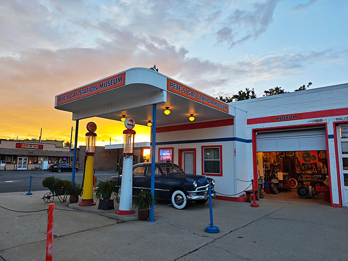 Sunset at the pump! Pete's Gas Station Museum glows like a neon-lit time capsule, inviting you to fill up on nostalgia.