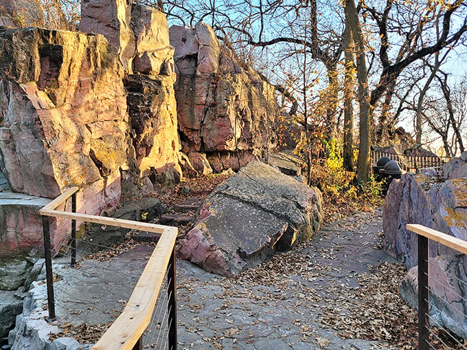 Nature's own rock garden! This winding path through Pipestone's quartzite cliffs feels like stepping into a geological storybook. Indiana Jones, eat your heart out.