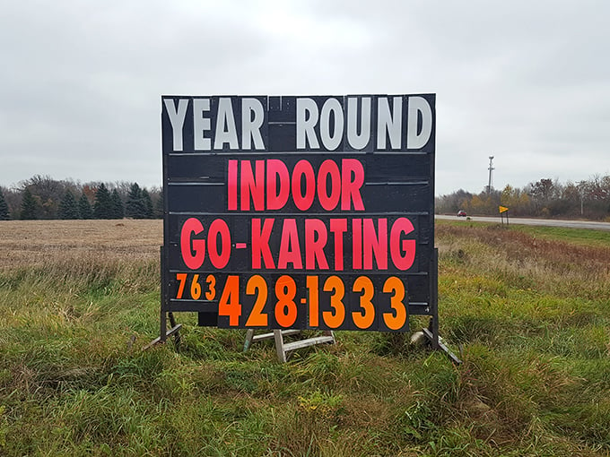 Who needs a 'Gone Fishin'' sign when you've got this beauty? Year-round indoor go-karting: Minnesota's answer to the eternal question, 'What do we do now?'