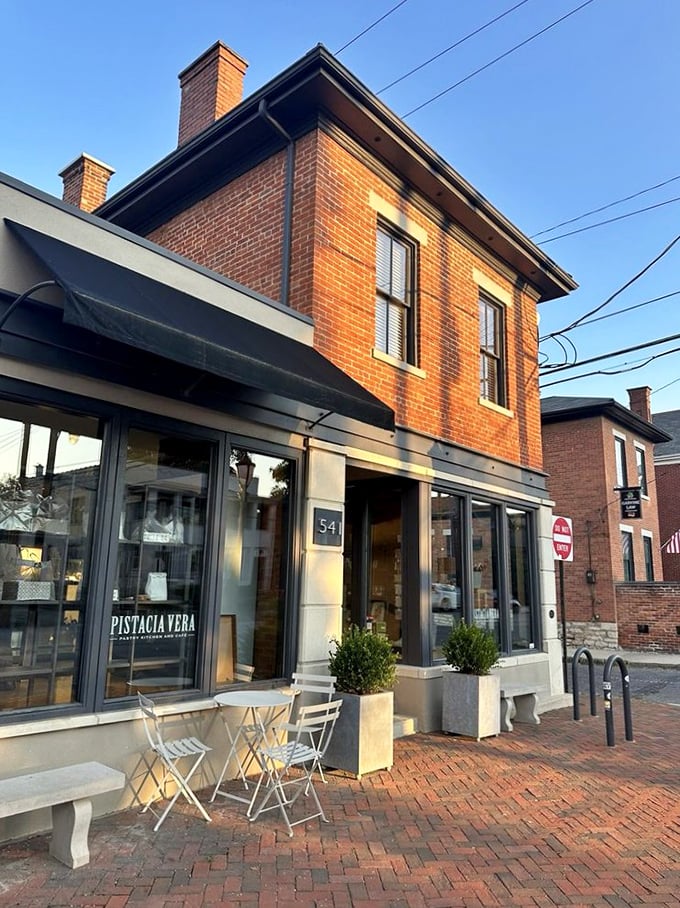 A brick-and-mortar dream! Pistacia Vera's charming exterior invites you to step into a world where calories don't count and pastries reign supreme.