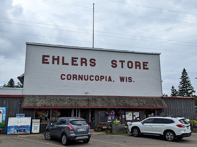 Step back in time! Ehlers Store stands proud against the Wisconsin sky, a beacon of small-town charm that's been serving up smiles since 1915.