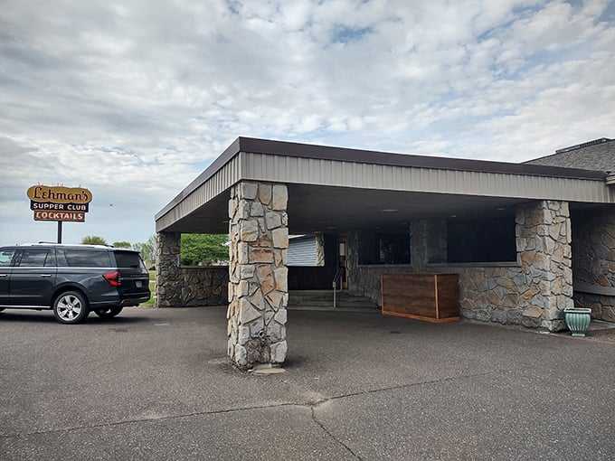 A stone facade that could withstand a zombie apocalypse – Lehman's Supper Club stands ready to serve, come rain, shine, or the end times.