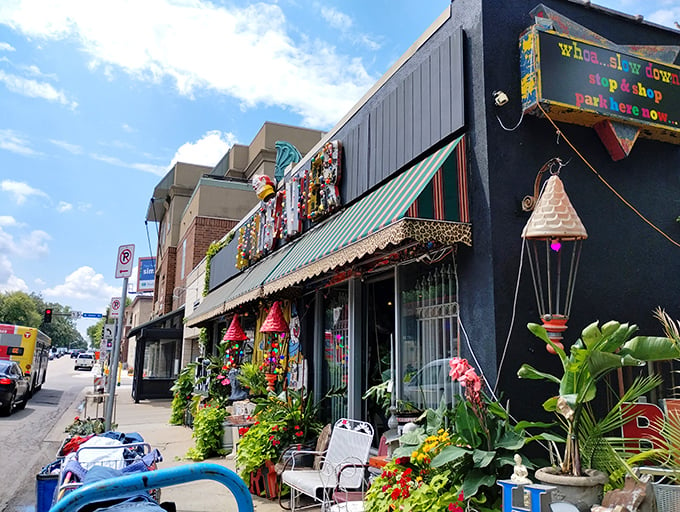 A carnival of colors greets you! Hunt and Gather's facade is like a vintage toy box exploded onto the street, inviting curiosity and wonder.