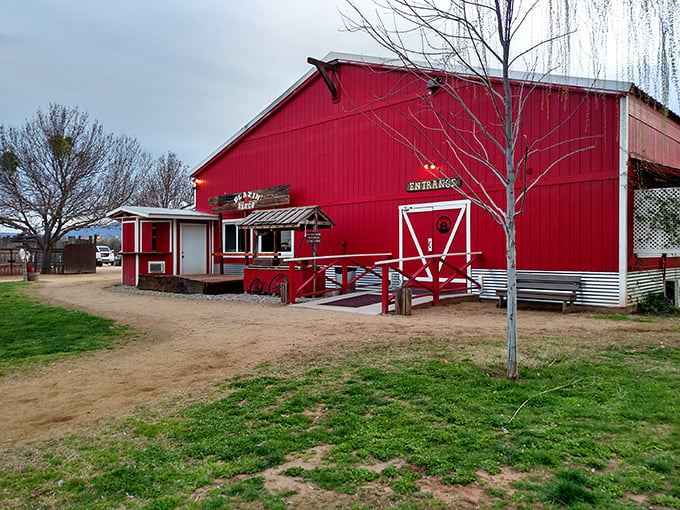 Welcome to the Wild West, pardner! This big red barn isn't just for horses – it's your gateway to cowboy adventures.