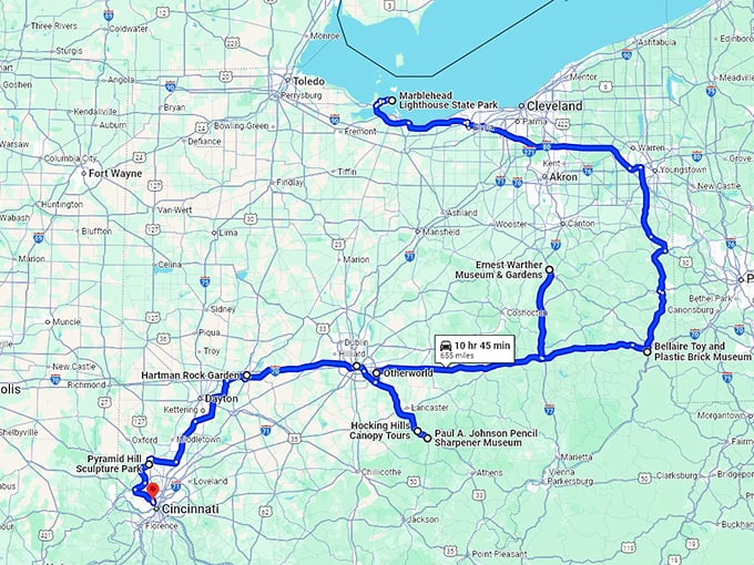 whimsical ohio road trip map