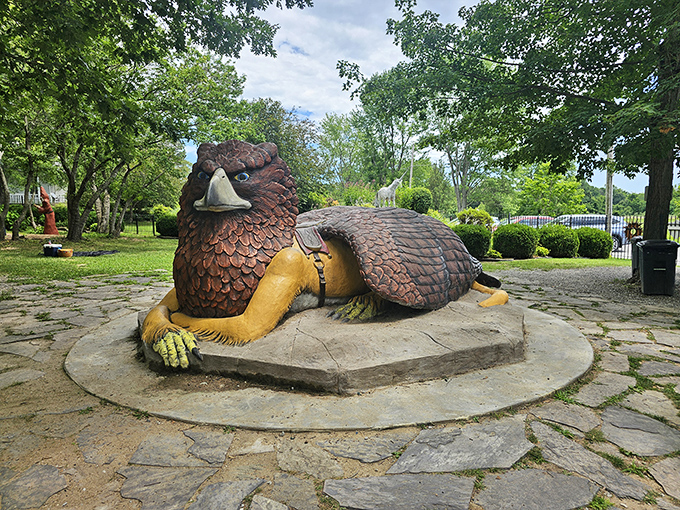 "Is it a bird? Is it a plane? Nope, it's a griffin with an attitude! This mythical beast looks ready to guard your picnic lunch or join you for a selfie."