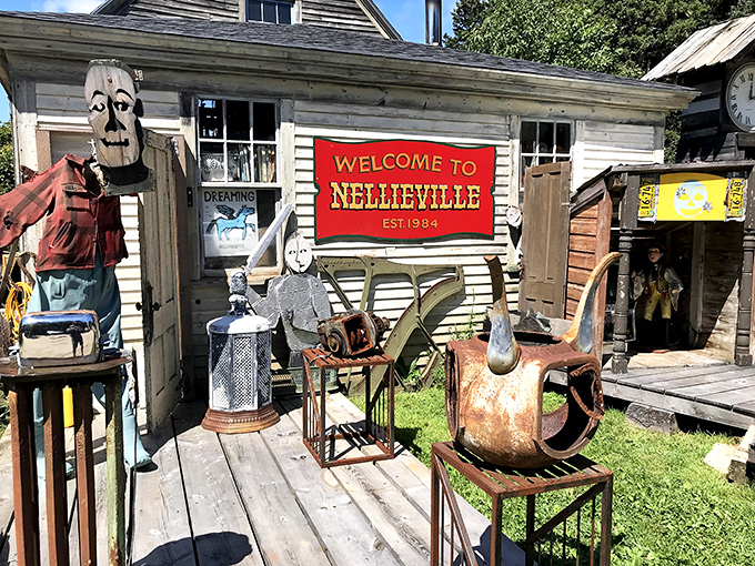 Welcome to Nellieville: Where whimsy meets woodwork! This folksy facade is like stepping into a Tim Burton fever dream, Maine-style.