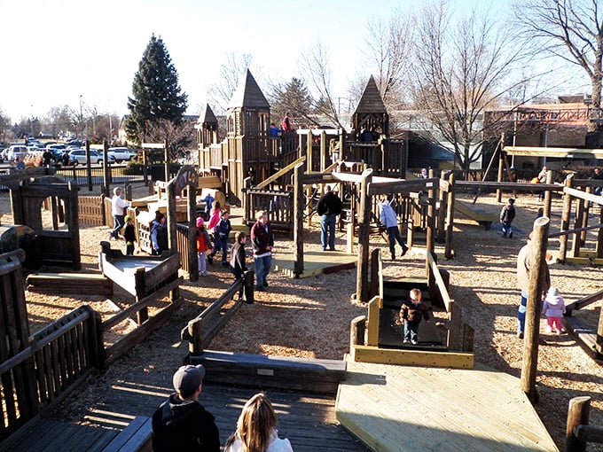 Welcome to the Imagination Station, where childhood dreams come to life in wood and wonder. This playground is like Narnia meets Minecraft – pure magic!