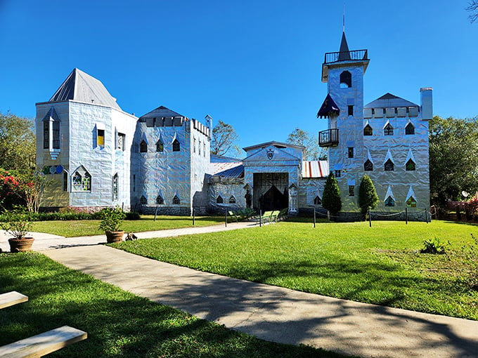 A castle that glitters? Howard Solomon's aluminum wonderland looks like Camelot got a disco makeover. Shiny!