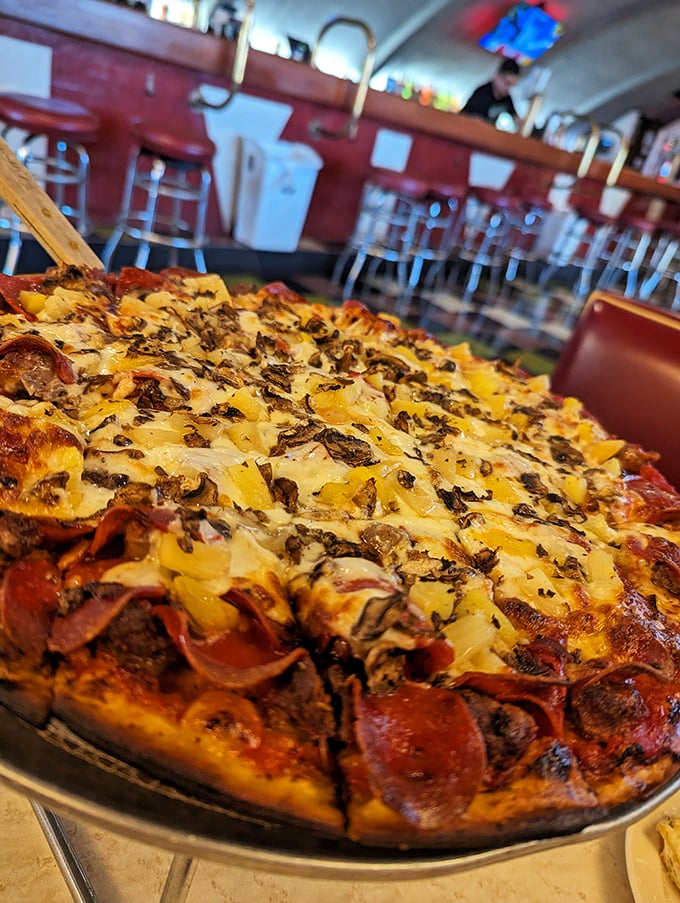 A pizza so loaded, it's practically doing weightlifting. This cheesy, topping-heavy masterpiece is the Schwarzenegger of the pizza world.