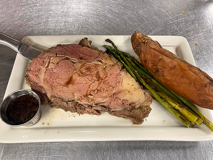 Behold, the crown jewel of carnivores! This prime rib is so perfectly cooked, it might just make vegetarians question their life choices.