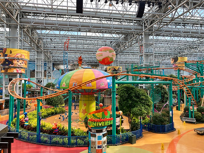 Roller coasters and nostalgia collide at Nickelodeon Universe. It's a thrill ride down memory lane, with a splash of neon for good measure.