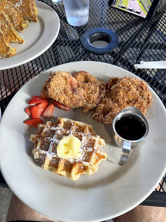 Chicken and waffles: the ultimate breakfast rebellion. It's what happens when your main course and dessert decide to elope and live happily ever after.