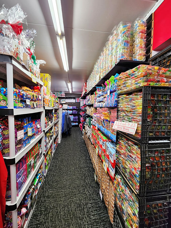 A corridor of confectionery dreams. Walking down this aisle is like strolling through a rainbow made of pure joy.