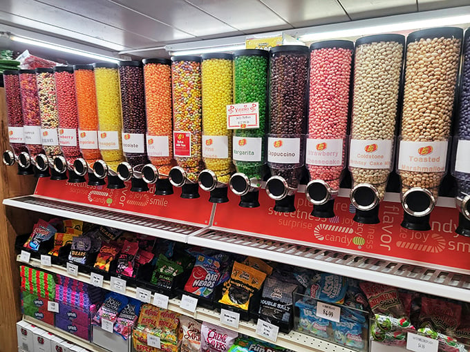 A rainbow of flavors that would make Skittles jealous. This candy display is like edible modern art.