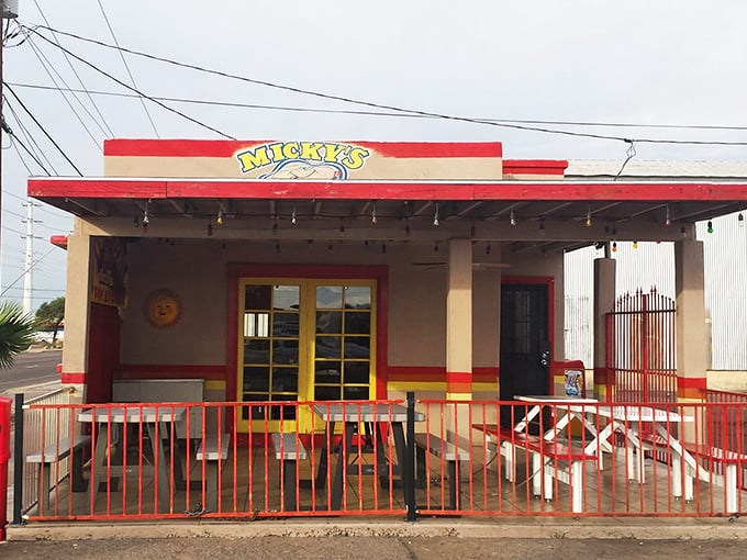 Outdoor seating at Micky's: Perfect for people-watching and pretending you're on a Mexican vacation while devouring delicious dogs.