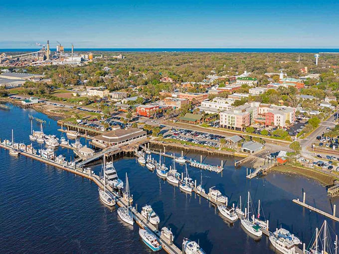 Fernandina Beach: Where Victorian charm meets beachside bliss. This aerial view showcases a town that's mastered the art of seaside sophistication.