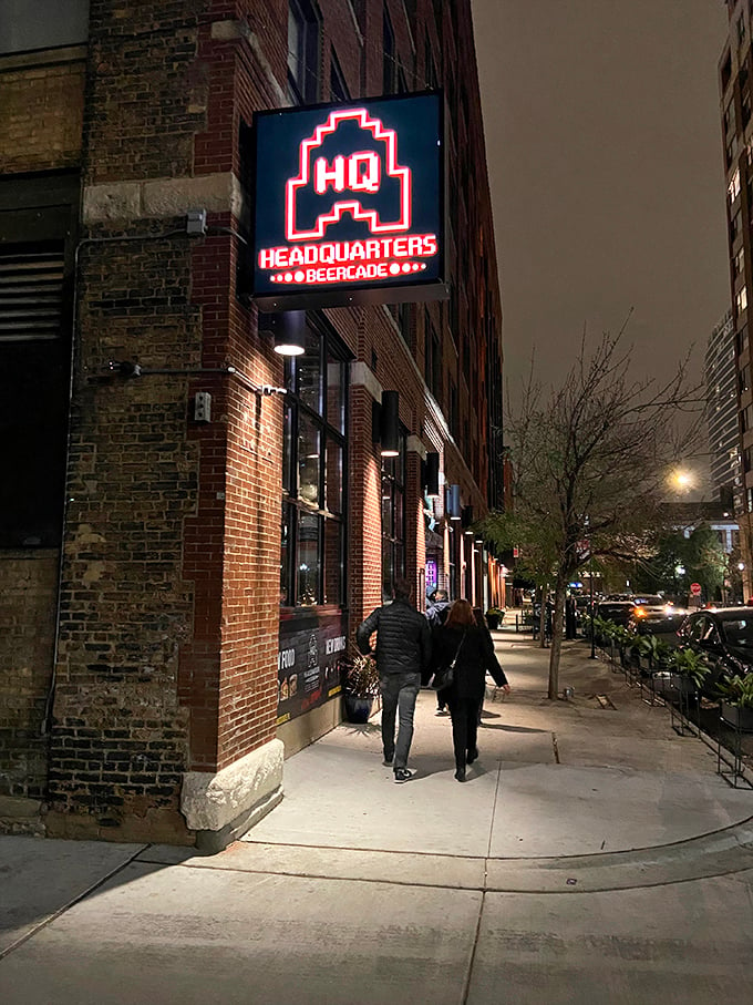 Headquarters Beercade: Where Pac-Man meets craft beer! This glowing sign is like a bat signal for grown-up gamers seeking refuge from adulting.