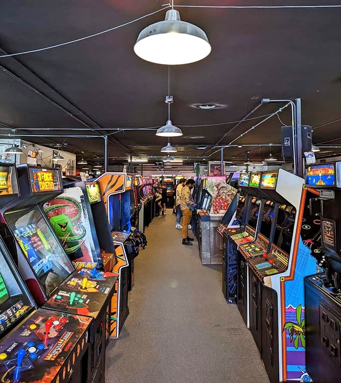 It's game on at Galloping Ghost! The air hums with electronic nostalgia, as if the 80s never left – just added better lighting and comfier chairs.