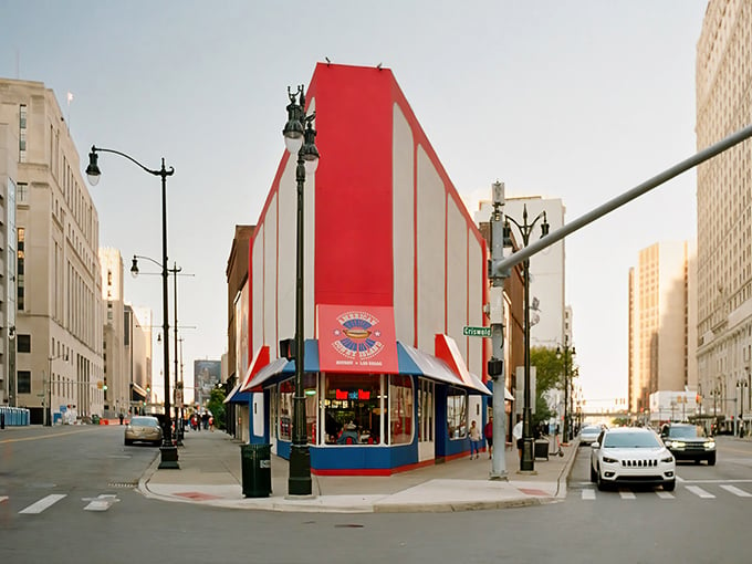 American Coney Island: Red, white, and chili all over. This patriotic palace of frankfurters stands proud in the heart of Detroit.